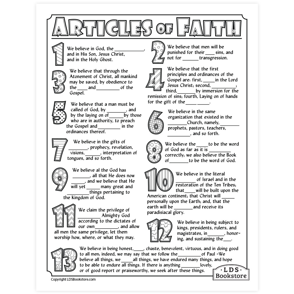 Articles of Faith Coloring & Activity Page - Printable - LDPD-PBL-COLOR-AOF
