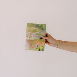 Hand-Bound Simulated Leather Quad - Lily Pond lily pond pattern, monet painting pattern, painting patterned scriptures, patterned LDS quad, hand-bound scriptures, simulated leather quad, pink scriptures, pink LDS quad, LDS scripture set, handmade LDS quad, sheepskin leather scriptures, LDS gift, baptism gift, missionary gift, temple gift, scripture study, personalized scriptures, LDS quad combo, women’s LDS scriptures, custom LDS quad