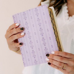 Hand-Bound Simulated Leather Quad - Thistle Heather purple scripture pattern, meaningful patterned scriptures, patterned LDS quad, hand-bound scriptures, simulated leather quad, purple scriptures, blue LDS quad, LDS scripture set, handmade LDS quad, sheepskin leather scriptures, LDS gift, baptism gift, missionary gift, temple gift, scripture study, personalized scriptures, LDS quad combo, women’s LDS scriptures, custom LDS quad