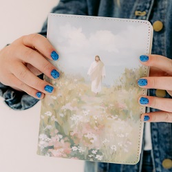 Hand-Bound Simulated Leather Quad - Where He Walks Jesus picture pattern, Painting of Jesus Scriptures, patterned scriptures, patterned LDS quad, hand-bound scriptures, simulated leather quad, pink scriptures, pink LDS quad, LDS scripture set, handmade LDS quad, sheepskin leather scriptures, LDS gift, baptism gift, missionary gift, temple gift, scripture study, personalized scriptures, LDS quad combo, women’s LDS scriptures, custom LDS quad